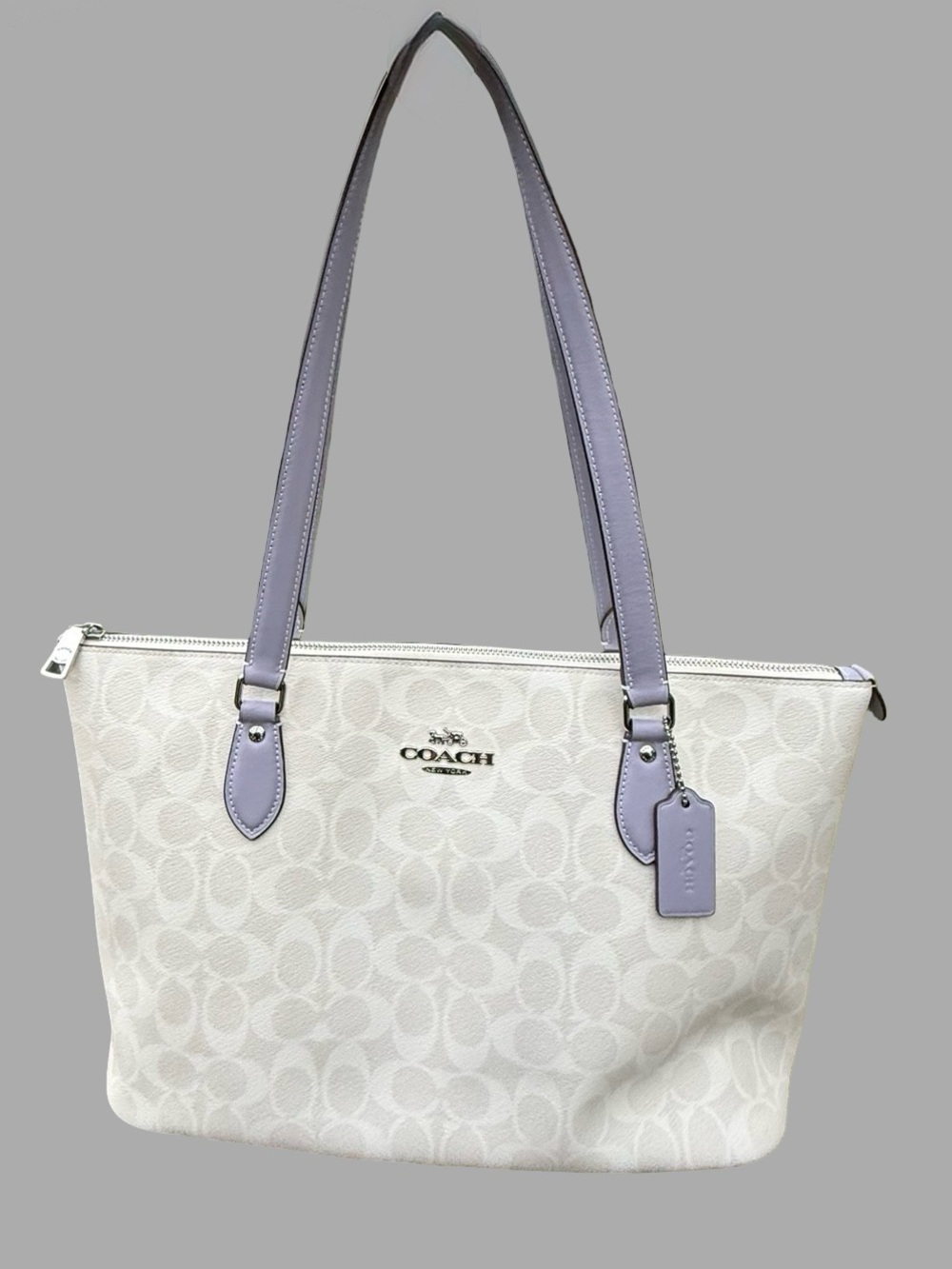 EUC Coach Gallery Tote in Signature Canvas – Chalk Mist / Lavender Trim
